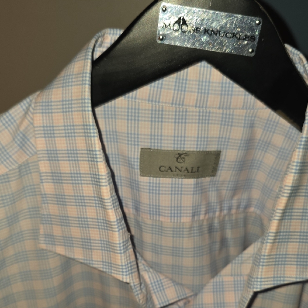Canali Blue and Pink Dress Shirt with Plaid Pattern